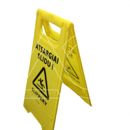 Novietojama brīdinājuma zīme "Uzmanību Slidens!" brīdina personas par slidenu grīdu. 